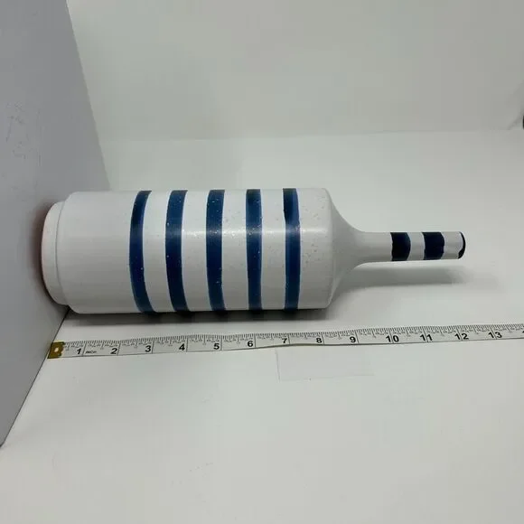 Crate and Barrel Terra Cotta Vase Blue Striped Gray Nautical Decor Hand Painted - Picture 11 of 14
